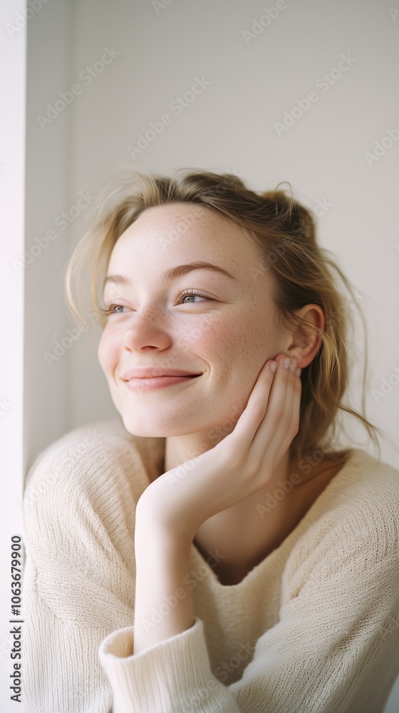 A young woman with freckles smiles gently, wearing a cozy sweater, embodying warmth and contentment. A young woman with freckles smiles gently, wearing a cozy sweater, embodying warmth and contentment.