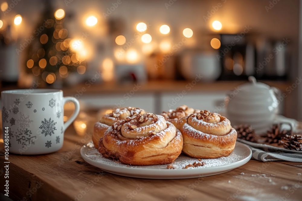 Cinnamon Rolls with Powdered Sugar and Nuts on a Plate
