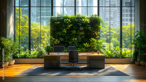 Modern Office with Green Wall and City View - 3D Illustration