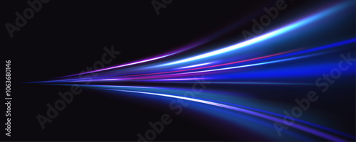 Abstract fast moving glowing neon particle created blue light curve line motion, digital futuristic internet data speed. Expressway, the effect of car headlights. Low-poly construction of fine lines.