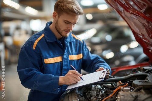 A mechanic in a blue uniform focuses on a clipboard as he examines an open car engine. The bright outdoor light highlights his meticulous work, with the red vehicles intricate parts visible and awaiti