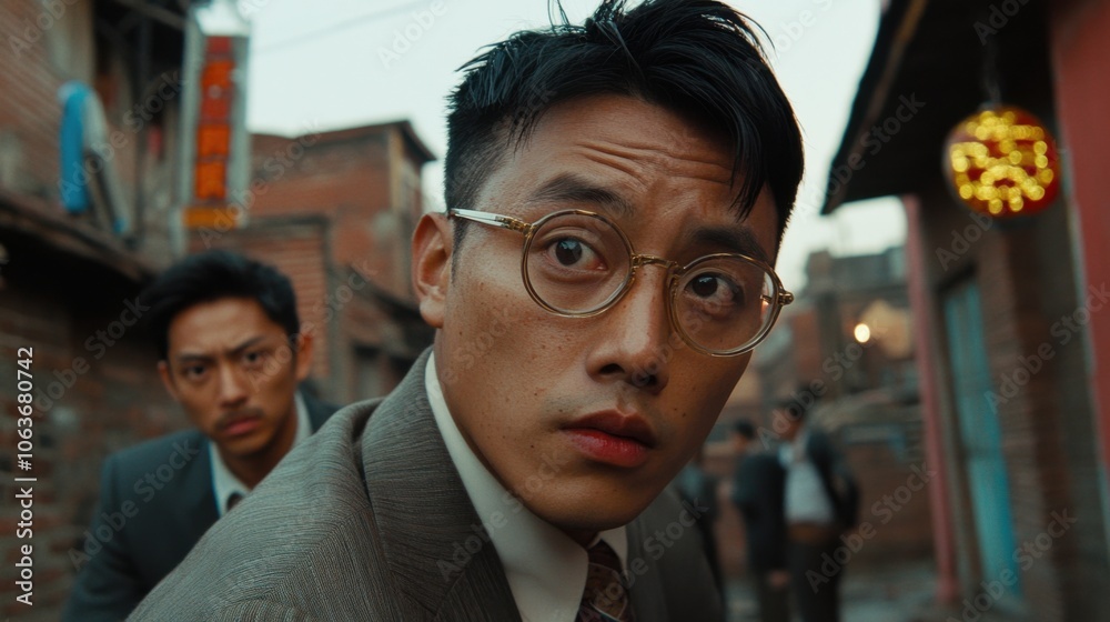 スーツと丸い眼鏡をかけた男性のいるヴィンテージな都市風景