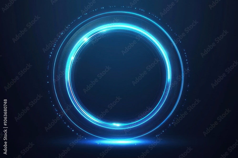 Blue neon light ring with glowing particles on dark background. Blue neon light ring with glowing particles on dark background.