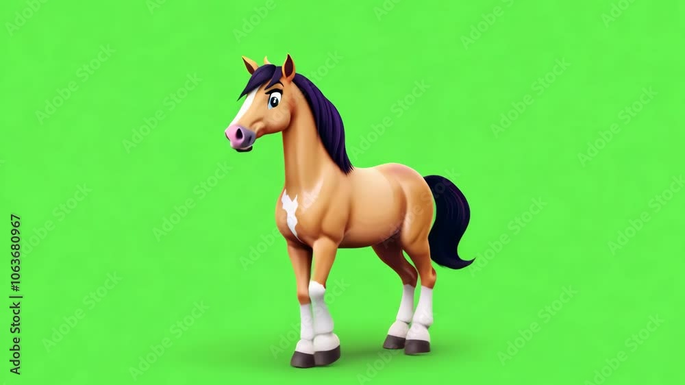 A cartoon-style unicorn with a white body and blue mane standing on a green background. This animated unicorn has a joyful and whimsical appearance, suitable for children’s fantasy content and playful