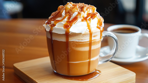 A hot cinnamon roll latte with caramel drizzle and whipped cream photo