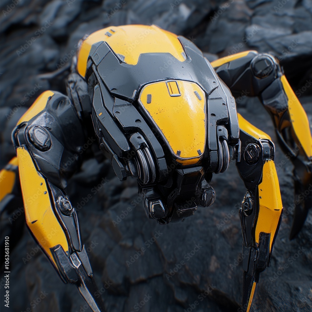 A robotic spider with a sleek yellow and black design on rocky terrain. A robotic spider with a sleek yellow and black design on rocky terrain.