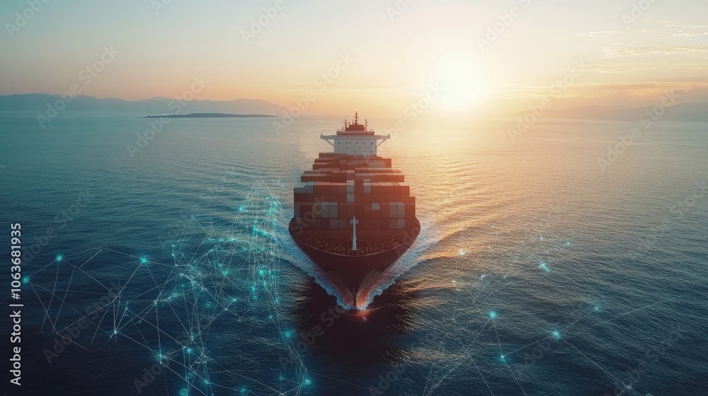 Obraz premium Container ship at sea with digital network links, digital trade network connection concept, global shipping industry, Beautiful Network