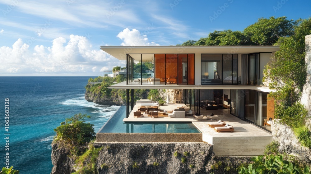 Obraz premium Modern luxury villa with infinity pool overlooking the ocean.