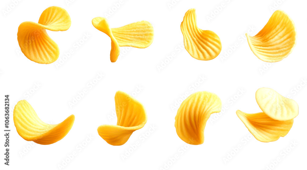 Set of Eight crispy potato chips in various angles isolate on transparent background, cutout, png Set of Eight crispy potato chips in various angles isolate on transparent background, cutout, png