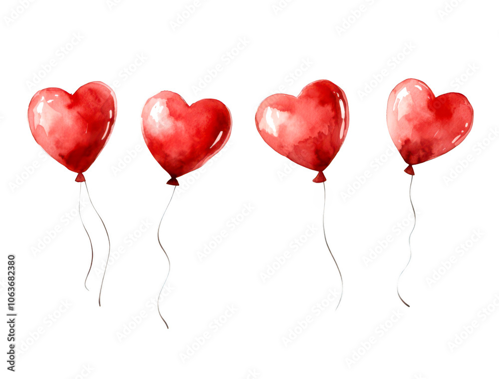 Set of Four red heart shaped balloons isolate on transparent background, cutout, png, watercolor concept Set of Four red heart shaped balloons isolate on transparent background, cutout, png, watercolor concept