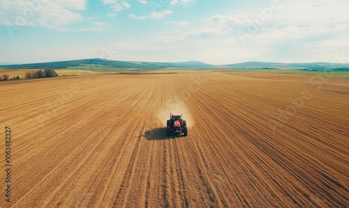 Tractor on vast plowed field under a blue sky in rural landscape.