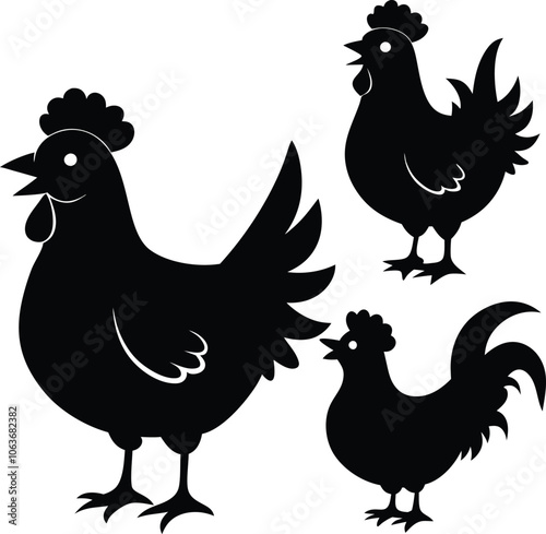 Set of vector black silhouette of a hen vector on a white background