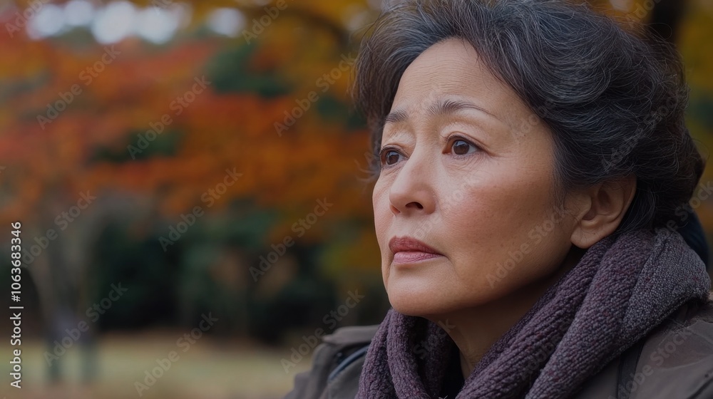秋の景色の中で物思いにふける老婦人と思慮深い表情 秋の景色の中で物思いにふける老婦人と思慮深い表情
