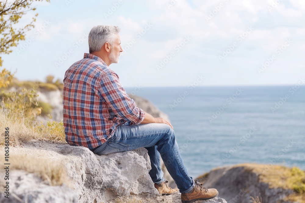Fototapeta premium A 65 year old European grandfather sits peacefully on a cliff, gazing at the vast ocean horizon. The soft dawn light enhances the tranquil atmosphere, creating a serene moment of contemplation and con