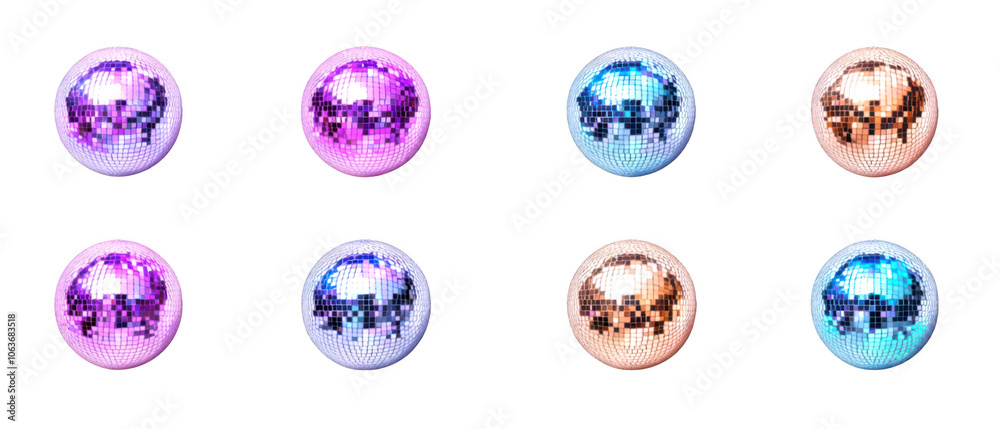 Set of pastel mirrored disco balls isolate on transparent background, cutout, png Set of pastel mirrored disco balls isolate on transparent background, cutout, png