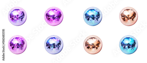 Set of pastel mirrored disco balls isolate on transparent background, cutout, png