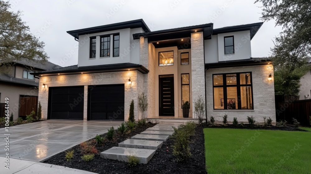 Obraz premium 2階建てのデザインとエレガントな照明を備えたモダンで豪華な家