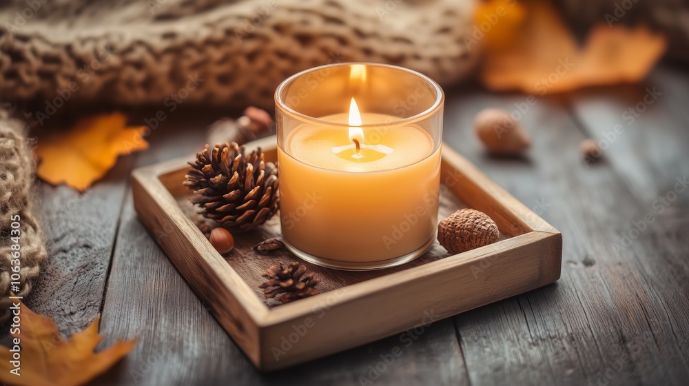 Warm autumn ambiance with candle, pinecones, and leaves on wooden table, creating a perfect fall cozy decoration setup. Warm autumn ambiance with candle, pinecones, and leaves on wooden table, creating a perfect fall cozy decoration setup.