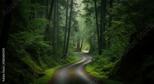 Tranquil path in misty green woodland