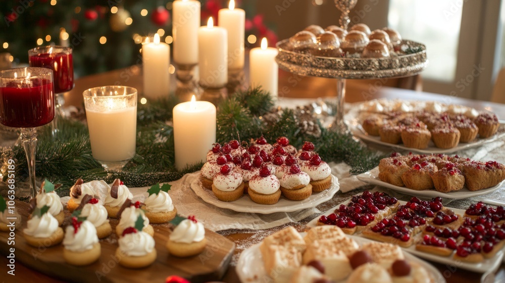 Festive dessert table adorned with candles and holiday treats. Festive dessert table adorned with candles and holiday treats.