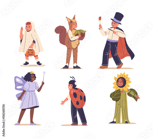 Cute Children In Creative Costumes Celebrating Carnival Theme With Varied Characters Like Squirrel, Fairy And Sunflower