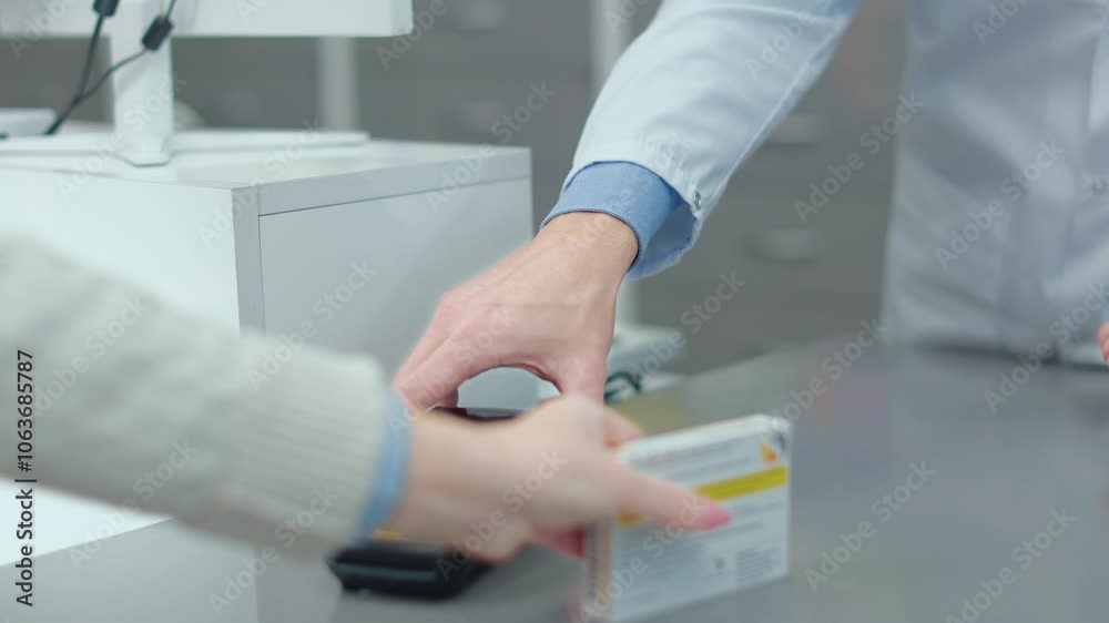 Close up view of customer hands conducting non cash payment by card. Male pharmacist giving out pill packaging for customer. Client paying for drugs via terminal payment. Seller and buyer in pharmacy. Close up view of customer hands conducting non cash payment by card. Male pharmacist giving out pill packaging for customer. Client paying for drugs via terminal payment. Seller and buyer in pharmacy.