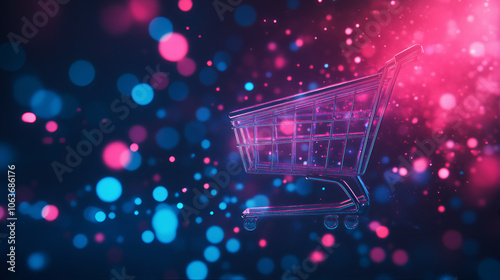 Discount sales shopping cart. Black Friday shopping trolley. Abstract digital technology shopping cart background. Cart in motion blur background with lots of lights.