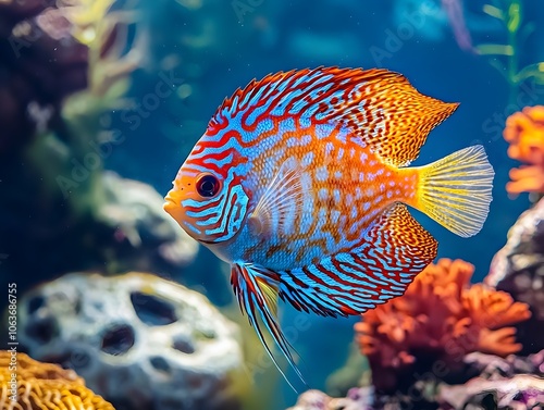 Vibrant Tropical Discus Fish Swimming in Lush Coral Aquarium Scene