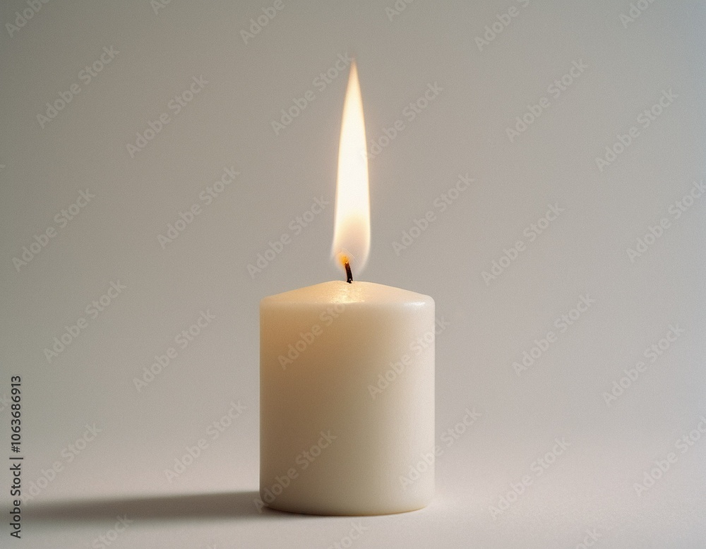 A single white candle with a flickering flame illuminates a plain white surface, casting a shadow on the ground. A single white candle with a flickering flame illuminates a plain white surface, casting a shadow on the ground.