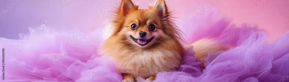 Adorable Pomeranian in a tutu on a pastel purple background, cute and playful Adorable Pomeranian in a tutu on a pastel purple background, cute and playful