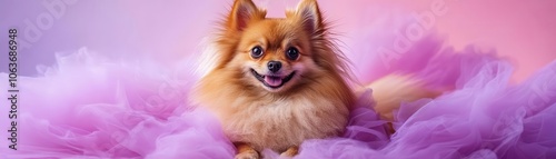 Adorable Pomeranian in a tutu on a pastel purple background, cute and playful