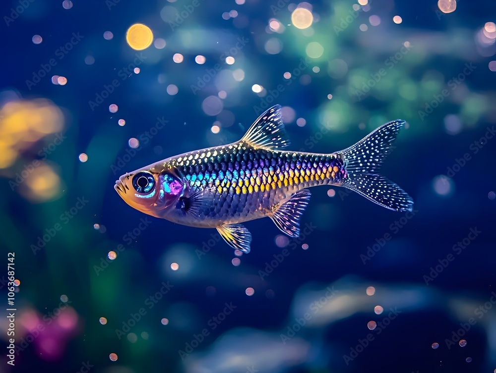 Fototapeta premium Celestial Pearl Danio Shimmering in Reflective Blue Aquarium Water