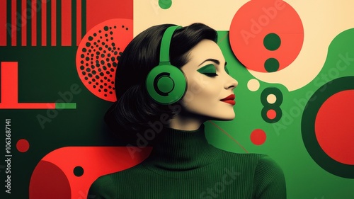 Stylish woman with headphones against colorful retro background. photo