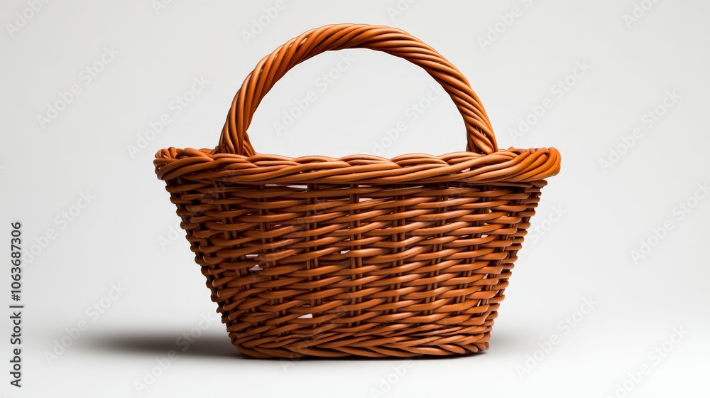 Rustic Brown Wicker Basket: A charming, handcrafted wicker basket with a curved handle, perfect for rustic settings or farmers market displays. Rustic Brown Wicker Basket: A charming, handcrafted wicker basket with a curved handle, perfect for rustic settings or farmers market displays.