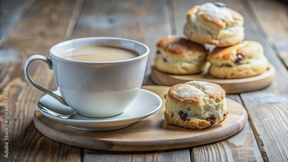 Close-up of a mug of milk tea with fresh English scones in the background, creating an atmosphere of coziness and tradition. Close-up of a mug of milk tea with fresh English scones in the background, creating an atmosphere of coziness and tradition.