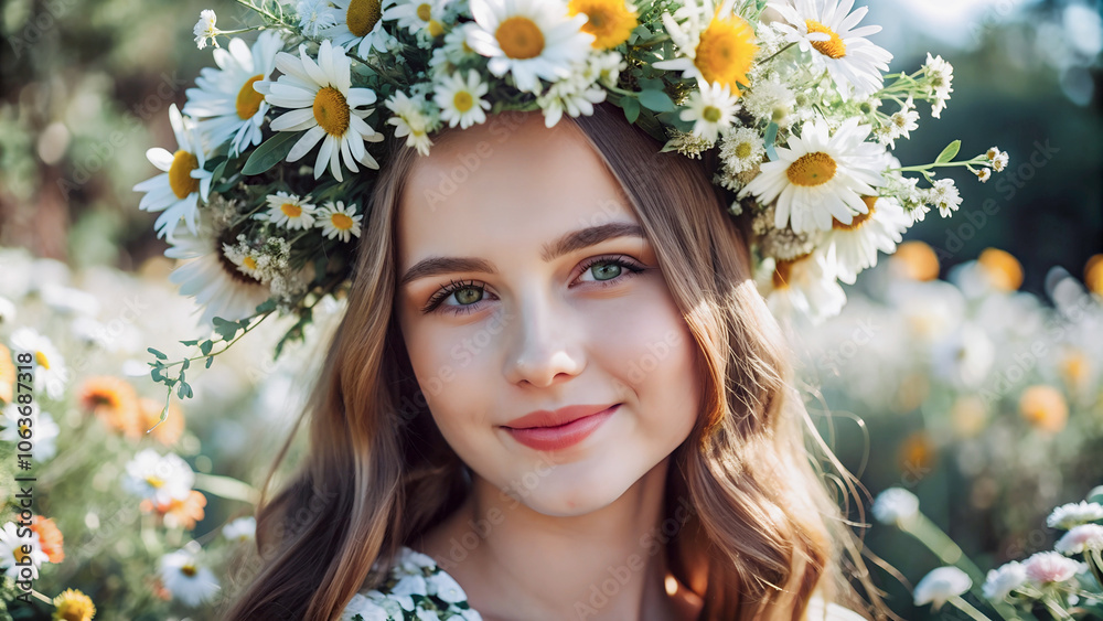 Close-up of a young girl with a wreath of fresh daisies, smiling tenderly against the backdrop of a flowering field. Close-up of a young girl with a wreath of fresh daisies, smiling tenderly against the backdrop of a flowering field.