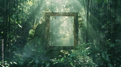A square frame in a forest with sunlight shining through trees