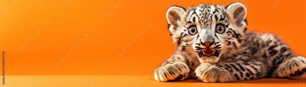 Obraz premium Adorable snow leopard cub with a shocked expression, fluffed tail and wide eyes, on a bright orange background, lively and sweet