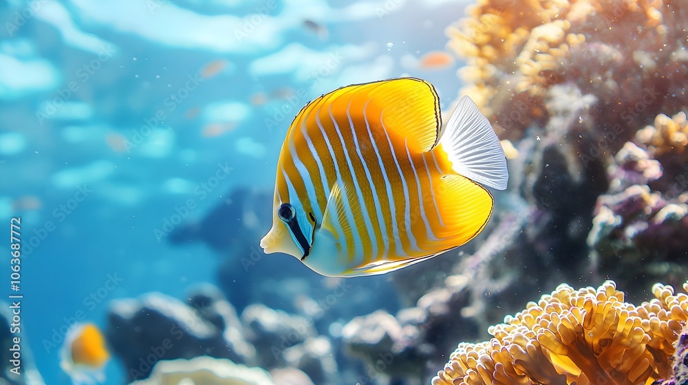 Fototapeta premium Graceful Butterfly Fish Swimming Near Coral Reef with Vibrant Underwater Backdrop