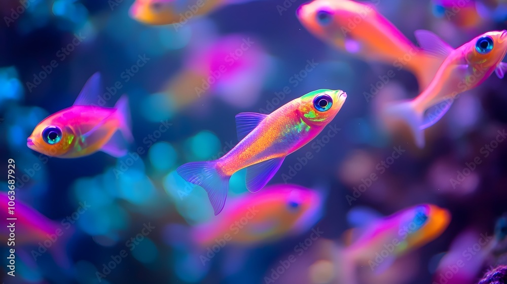Naklejka premium Dazzling Neon Glowfish Aquarium Lighting up the Ethereal Underwater Scene