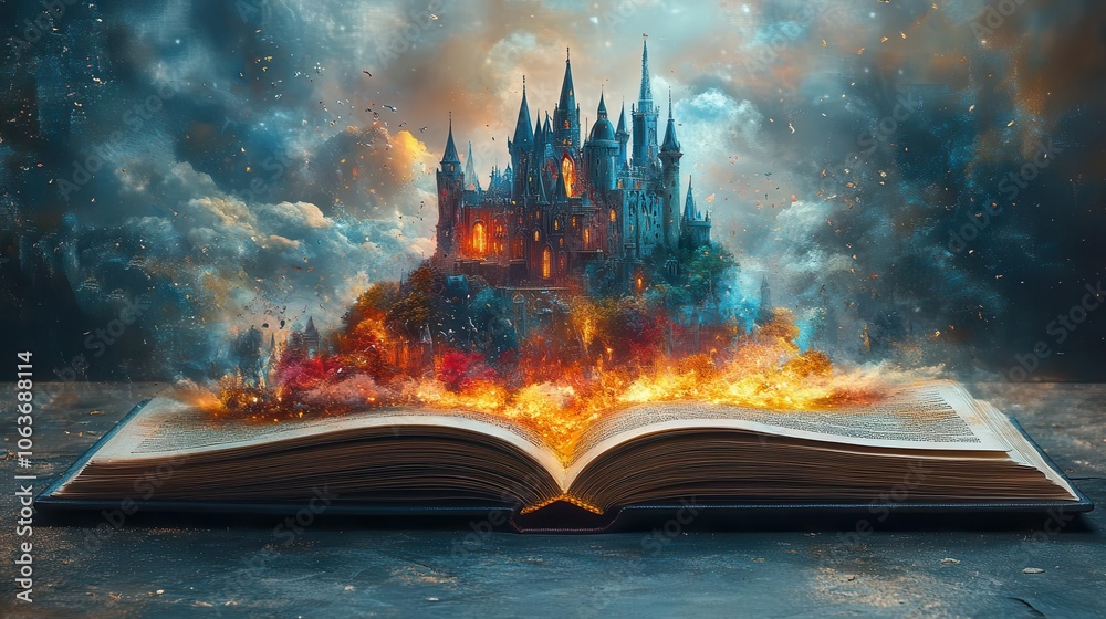 Fototapeta premium open book reveals a fantasy world bursting forth featuring an enchanting castle illustration that captivates the imagination with vibrant colors