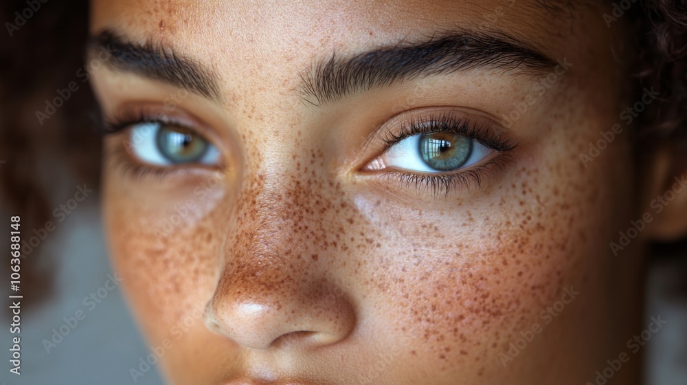 Fototapeta premium A young individual with captivating green eyes and a multitude of freckles looks directly ahead, showcasing a blend of natural beauty and emotion. The focus emphasizes unique features and expressions.