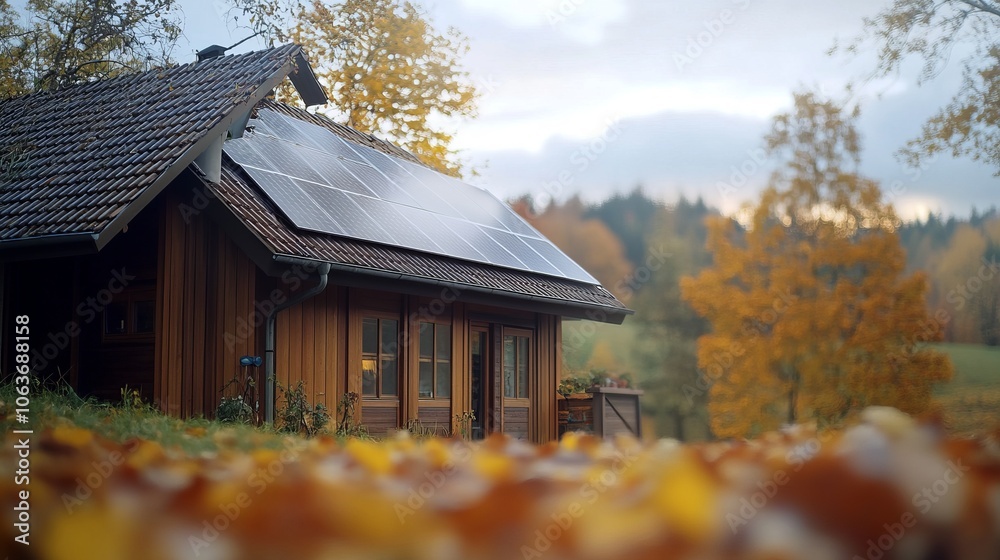 Charming Wooden Cabin with Solar Panels in Autumn Charming Wooden Cabin with Solar Panels in Autumn