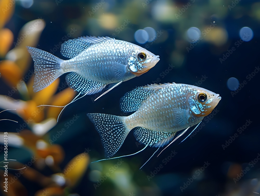 A Pair of Iridescent Moonlight Gouramis Gliding Through an Aquarium A Pair of Iridescent Moonlight Gouramis Gliding Through an Aquarium
