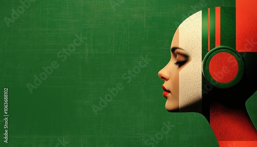 Stylized portrait of a female figure with headphones on a textured green background. photo