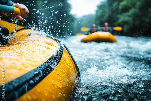 An exciting close-up of adventurers rafting down a yellow raft in the warm sunshine