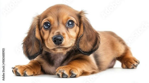 Cute dachshund puppy with oversized ears on a solid white background, bright and cheerful