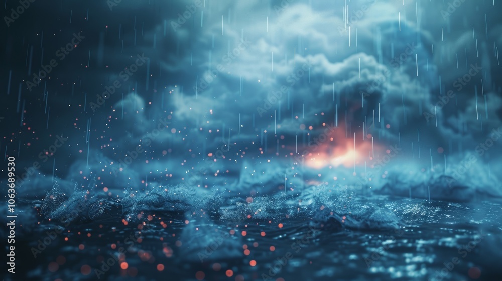 Fototapeta premium Rain falls heavily on a dark ocean at night, with glowing particles creating a mesmerizing scene. The cold, blue water ripples with sparkles, giving the surface a wet texture