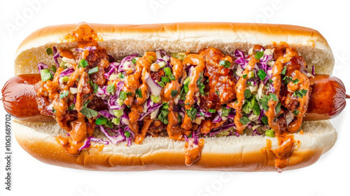 A delicious hot dog topped with spicy sauce, coleslaw, and garnishes in a soft bun.