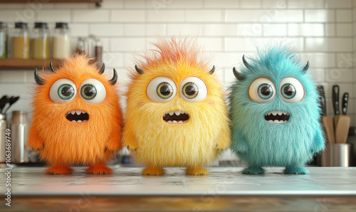 Three fuzzy monsters with big eyes and big mouths stand on a counter. The orange monster is the tallest and the blue monster is the shortest. The yellow monster is in the middle